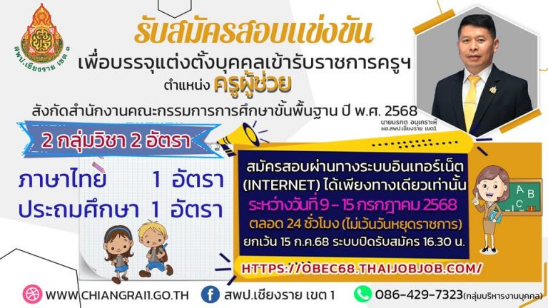 Read more about the article #ประกาศ รับสมัครสอบแข่งขันเพื่อบรรจุและแต่งตั้งบุคคลเข้ารับราชการเป็นข้าราชการครูและบุคลากรทางการศึกษา ตำแหน่งครูผู้ช่วย สังกัดสำนักงานคณะกรรมการการศึกษาขั้นพื้นฐาน ปี พ.ศ. 2568 สพป.เชียงราย เขต 1 คลิกลิงก์เพื่อดูรายละเอียดประกาศ https://url.in.th/uJBJu